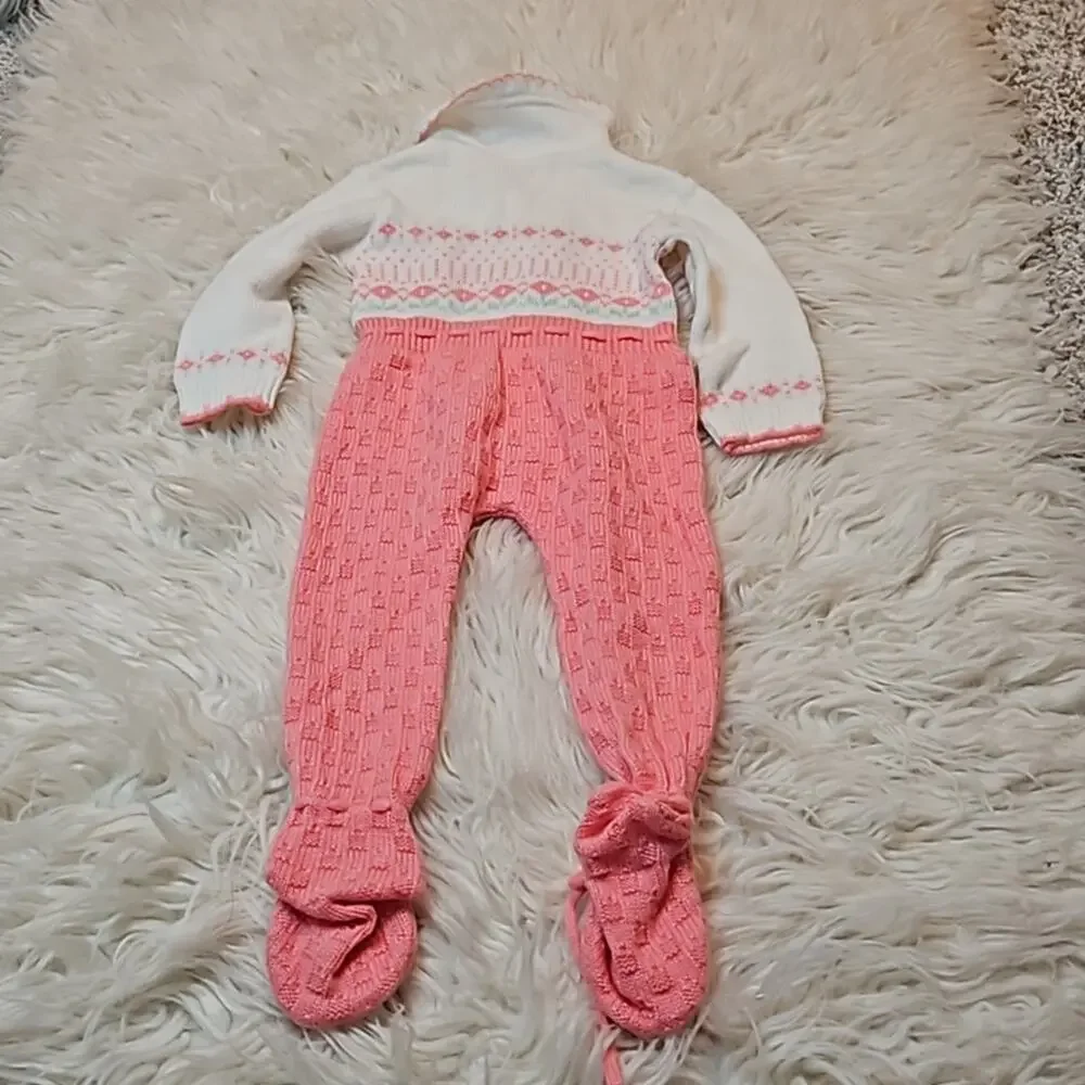 Vintage 70's Baby Girl Pink and White Sweater knit Jumpsuit One-piece